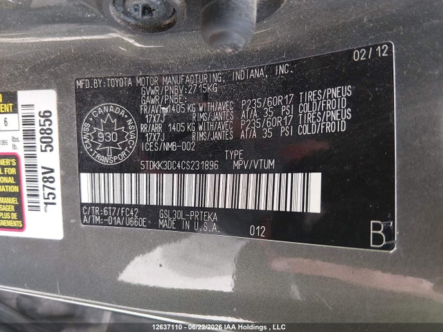 Aukcja sprzedaży 2012 Toyota Sienna Le V6, vin: 5TDKK3DC4CS231896, numer aukcji: 12637110