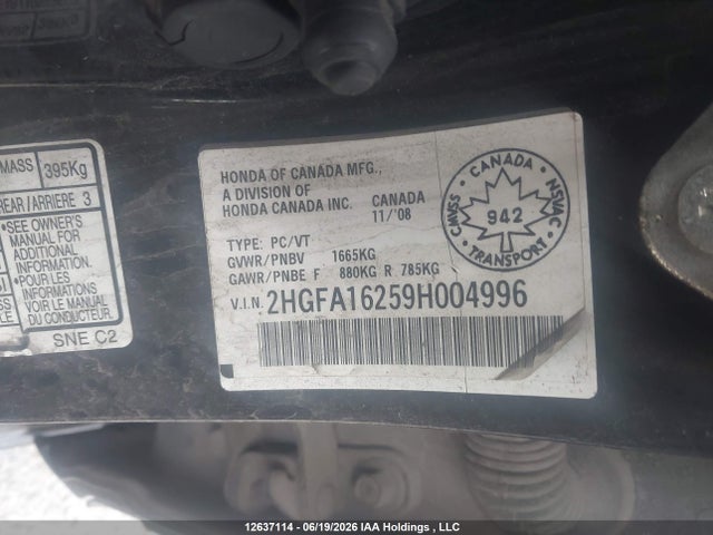 Продажа на аукционе авто 2009 Honda Civic, vin: 2HGFA16259H004996, номер лота: 12637114
