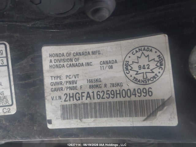 Продажа на аукционе авто 2009 Honda Civic, vin: 2HGFA16259H004996, номер лота: 12637114