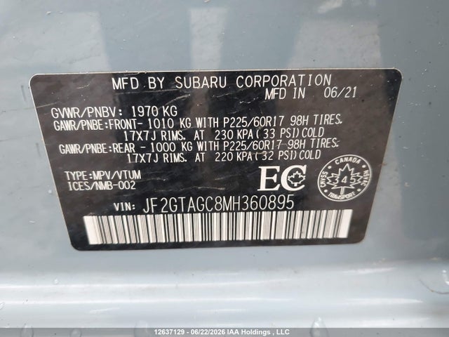 12637129 :رقم المزاد ، JF2GTAGC8MH360895 vin ، 2021 Subaru Crosstrek Sport مزاد بيع