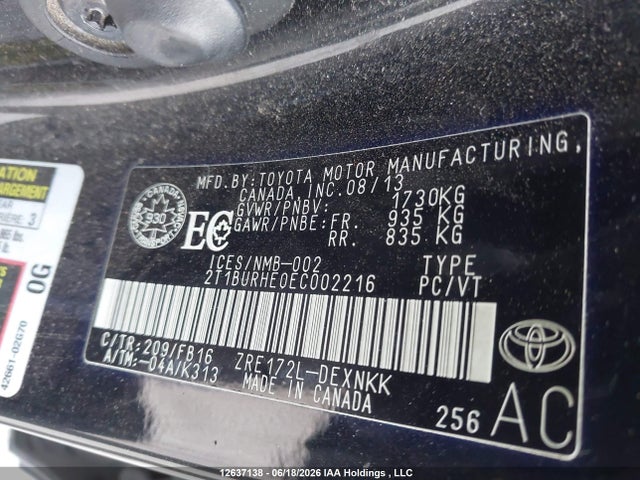 12637138 :رقم المزاد ، 2T1BURHE0EC002216 vin ، 2014 Toyota Corolla مزاد بيع