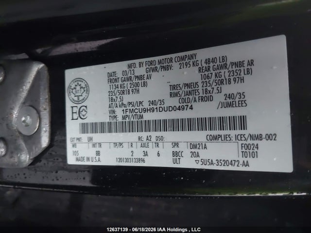 Продажа на аукционе авто 2013 Ford Escape Sel, vin: 1FMCU9H91DUD04974, номер лота: 12637139
