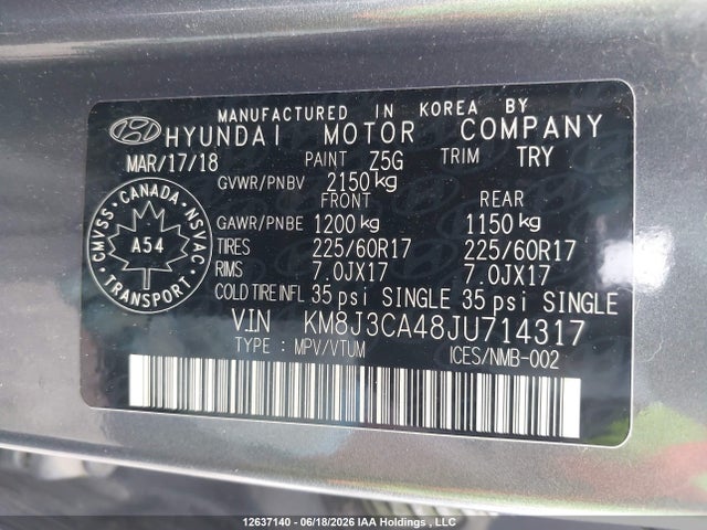 2018 Hyundai Tucson Limited/sport And Eco/se მანქანა იყიდება აუქციონზე, vin: KM8J3CA48JU714317, აუქციონის ნომერი: 12637140