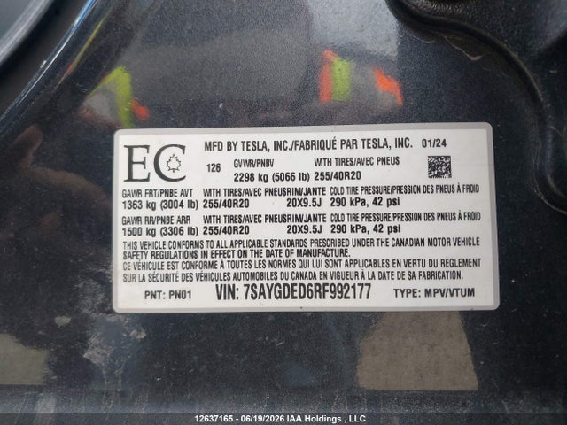Tesla Model Y Long Range/rwd 2024 7SAYGDED6RF992177 Image 9