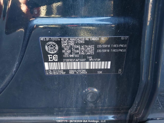 12637175 :رقم المزاد ، 2T3DFREV7JW714407 vin ، 2018 Toyota Rav4 Limited/se/platinum مزاد بيع