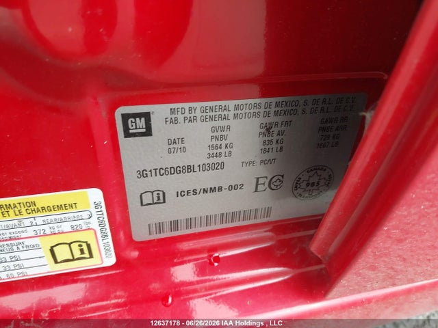 12637178 :رقم المزاد ، 3G1TC6DG8BL103020 vin ، 2011 Chevrolet Aveo Lt مزاد بيع