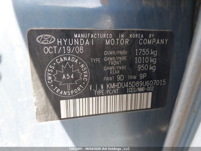 Продаж на аукціоні авто 2009 Hyundai Elantra Gl/l, vin: KMHDU45D89U607015, номер лоту: 12622691