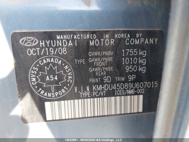 Продаж на аукціоні авто 2009 Hyundai Elantra Gl/l, vin: KMHDU45D89U607015, номер лоту: 12622691