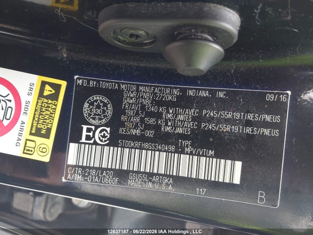 Toyota Highlander Limited 2016 5TDDKRFH8GS340498 Image 9