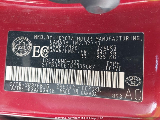 12637196 :رقم المزاد ، 2T1BU4EE1DC035067 vin ، 2013 Toyota Corolla مزاد بيع