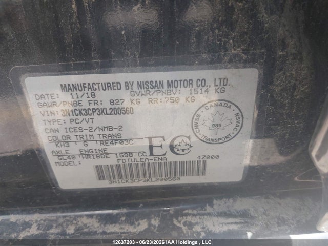 2019 Nissan Micra მანქანა იყიდება აუქციონზე, vin: 3N1CK3CP3KL200560, აუქციონის ნომერი: 12637203