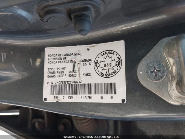 2012 Honda Civic Lx მანქანა იყიდება აუქციონზე, vin: 2HGFB2F4XCH026360, აუქციონის ნომერი: 12637216