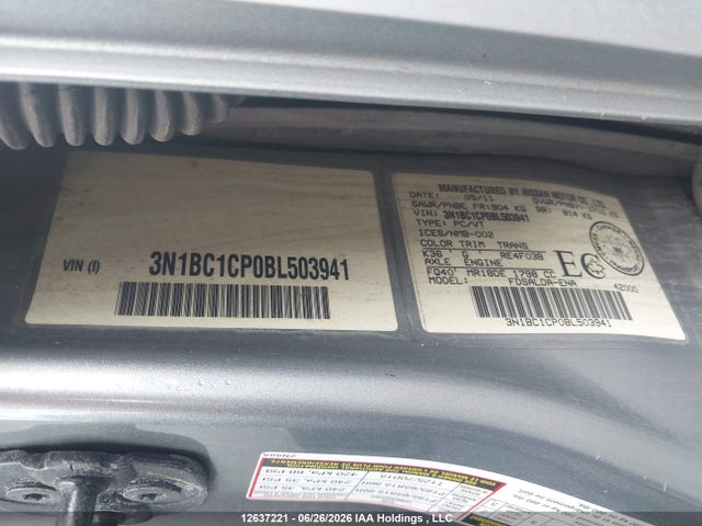 2011 Nissan Versa S/sl მანქანა იყიდება აუქციონზე, vin: 3N1BC1CP0BL503941, აუქციონის ნომერი: 12637221