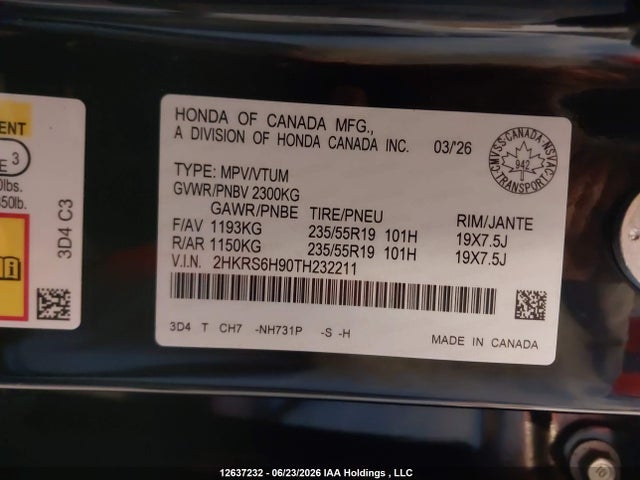 Продаж на аукціоні авто 2026 Honda Cr-v Sport Touring, vin: 2HKRS6H90TH232211, номер лоту: 12637232