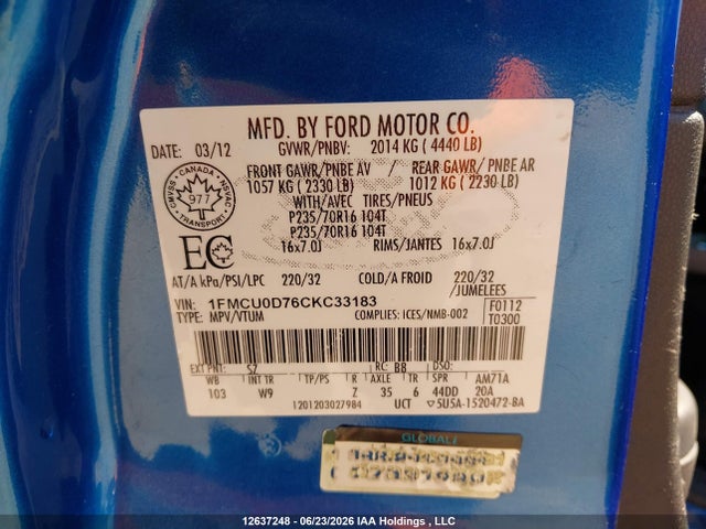 12637248 :رقم المزاد ، 1FMCU0D76CKC33183 vin ، 2012 Ford Escape مزاد بيع