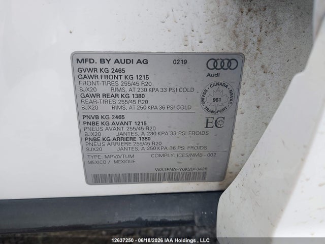 12637250 :رقم المزاد ، WA1FNAFY6K2063426 vin ، 2019 Audi Q5 45 Technik مزاد بيع
