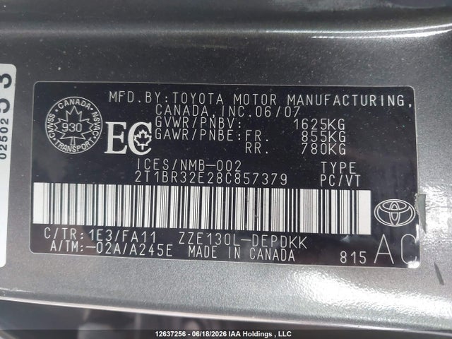12637256 :رقم المزاد ، 2T1BR32E28C857379 vin ، 2008 Toyota Corolla Ce/le/s مزاد بيع