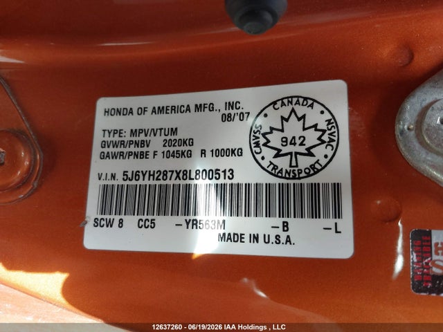 2008 Honda Element Ex მანქანა იყიდება აუქციონზე, vin: 5J6YH287X8L800513, აუქციონის ნომერი: 12637260