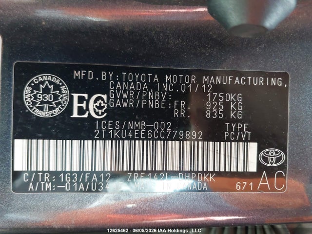 12625462 :رقم المزاد ، 2T1KU4EE6CC779892 vin ، 2012 Toyota Matrix مزاد بيع