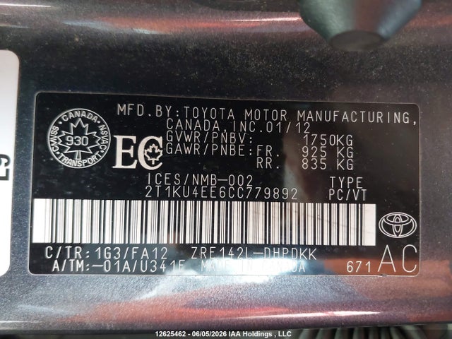 12625462 :رقم المزاد ، 2T1KU4EE6CC779892 vin ، 2012 Toyota Matrix مزاد بيع