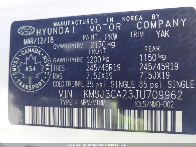Продаж на аукціоні авто 2018 Hyundai Tucson Ultimate 1.6t, vin: KM8J3CA23JU709962, номер лоту: 12637269