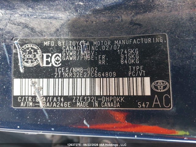 12637275 :رقم المزاد ، 2T1KR32E27C664809 vin ، 2007 Toyota Matrix Xr مزاد بيع
