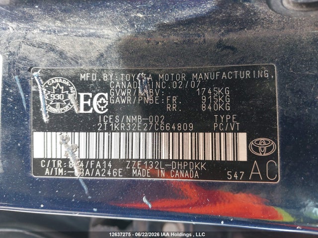 12637275 :رقم المزاد ، 2T1KR32E27C664809 vin ، 2007 Toyota Matrix Xr مزاد بيع