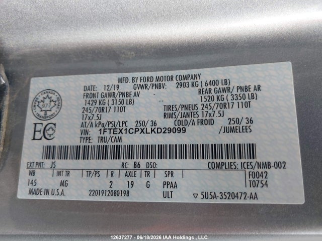 Aukcja sprzedaży 2020 Ford F-150 Lariat/xl/xlt, vin: 1FTEX1CPXLKD29099, numer aukcji: 12637277