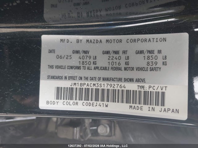 Aukcja sprzedaży 2025 Mazda 3 Preferred, vin: JM1BPACM3S1792764, numer aukcji: 12637292
