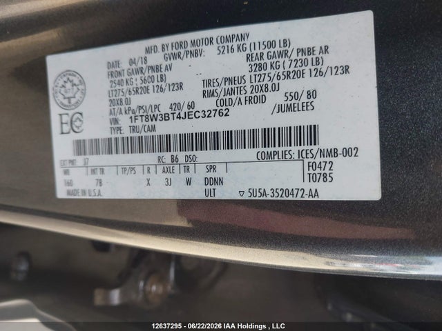 12637295 :رقم المزاد ، 1FT8W3BT4JEC32762 vin ، 2018 Ford F-350 King Ranch/lariat/limited/platinum/xl/xlt مزاد بيع
