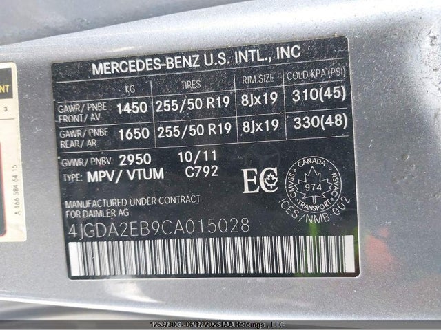 Aukcja sprzedaży 2012 Mercedes-benz Ml 350 Bluetec 4matic, vin: 4JGDA2EB9CA015028, numer aukcji: 12637300