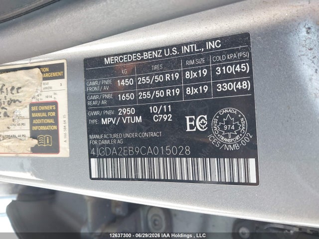 Aukcja sprzedaży 2012 Mercedes-benz Ml 350 Bluetec 4matic, vin: 4JGDA2EB9CA015028, numer aukcji: 12637300