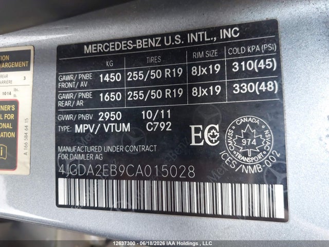 Aukcja sprzedaży 2012 Mercedes-benz Ml 350 Bluetec 4matic, vin: 4JGDA2EB9CA015028, numer aukcji: 12637300
