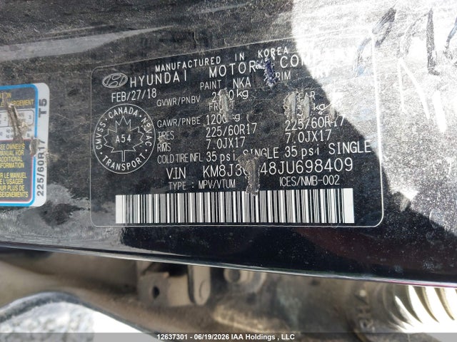2018 Hyundai Tucson Limited/sport And Eco/se მანქანა იყიდება აუქციონზე, vin: KM8J3CA48JU698409, აუქციონის ნომერი: 12637301