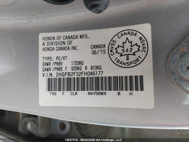 Aukcja sprzedaży 2015 Honda Civic, vin: 2HGFB2F52FH046177, numer aukcji: 12637315