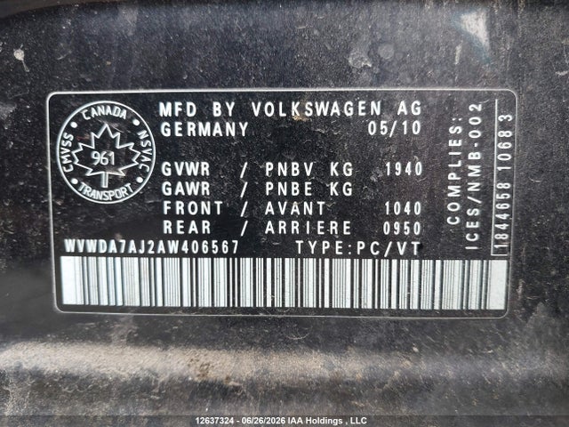 Продажа на аукционе авто 2010 Volkswagen Golf, vin: WVWDA7AJ2AW406567, номер лота: 12637324