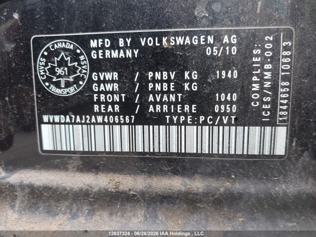 Продажа на аукционе авто 2010 Volkswagen Golf, vin: WVWDA7AJ2AW406567, номер лота: 12637324