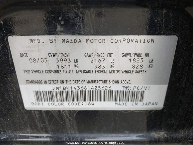 12637329 :رقم المزاد ، JM1BK143661425626 vin ، 2006 Mazda Mazda3 Gs/gt مزاد بيع