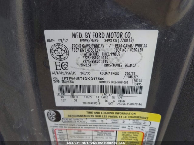 12637331 :رقم المزاد ، 1FTFW1ET1DKD17569 vin ، 2013 Ford F150 Supercrew مزاد بيع