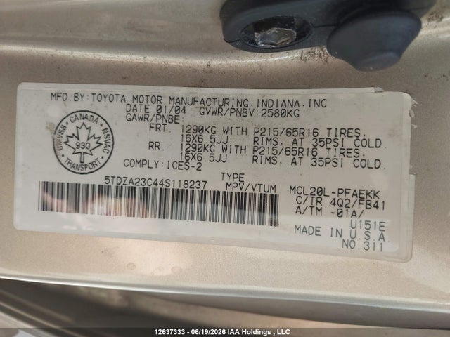 Aukcja sprzedaży 2004 Toyota Sienna Ce/le, vin: 5TDZA23C44S118237, numer aukcji: 12637333