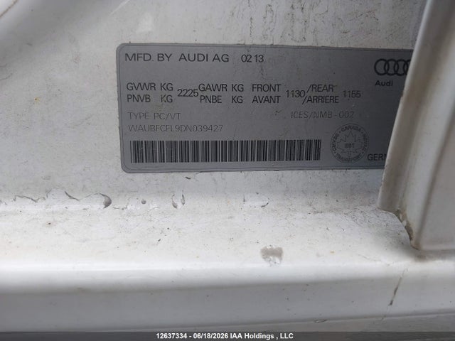2013 Audi A4 2.0t მანქანა იყიდება აუქციონზე, vin: WAUBFCFL9DN039427, აუქციონის ნომერი: 12637334
