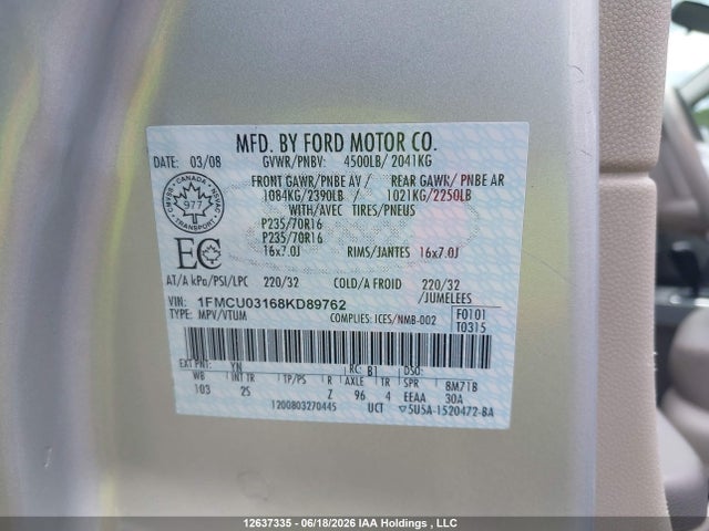 Aukcja sprzedaży 2008 Ford Escape Xlt, vin: 1FMCU03168KD89762, numer aukcji: 12637335