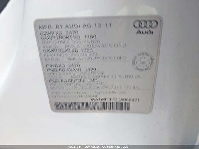 2012 Audi Q5 2.0t Premium Plus მანქანა იყიდება აუქციონზე, vin: WA1WFCFP3CA069871, აუქციონის ნომერი: 12637341
