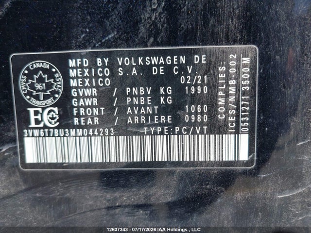 12637343 :رقم المزاد ، 3VW6T7BU3MM044293 vin ، 2021 Volkswagen Jetta Gli/s/autobahn مزاد بيع