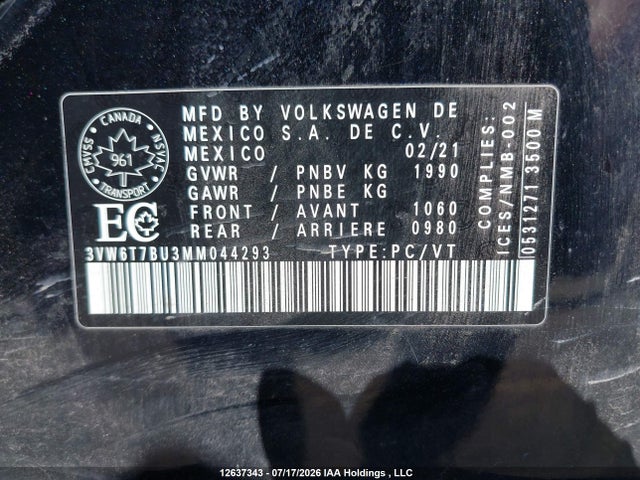 12637343 :رقم المزاد ، 3VW6T7BU3MM044293 vin ، 2021 Volkswagen Jetta Gli/s/autobahn مزاد بيع