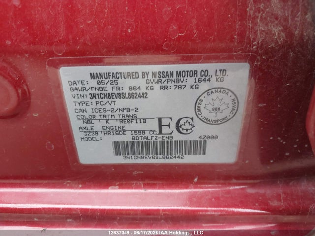 Auction sale of the 2025 Nissan Versa Sv, vin: 3N1CN8EV8SL862442, lot number: 12637349