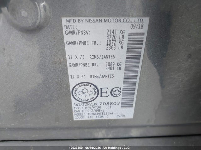 Aukcja sprzedaży 2019 Nissan Rogue S/sl/sv, vin: 5N1AT2MV1KC708803, numer aukcji: 12637350