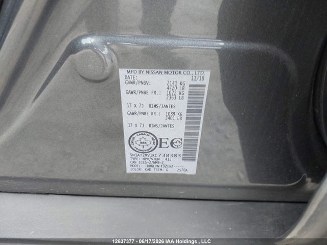 12637377 :رقم المزاد ، 5N1AT2MV1KC738383 vin ، 2019 Nissan Rogue S/sl/sv مزاد بيع