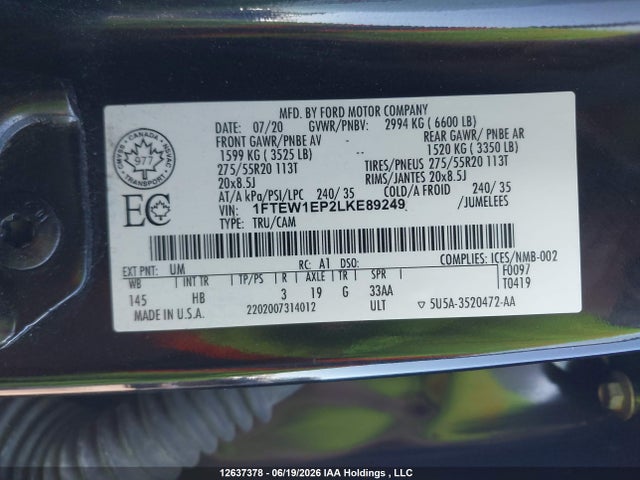 Ford F150 Supercrew 2020 1FTEW1EP2LKE89249 Image 9