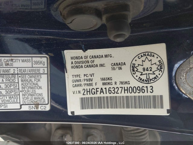 2007 Honda Civic Dx-g მანქანა იყიდება აუქციონზე, vin: 2HGFA16327H009613, აუქციონის ნომერი: 12637380